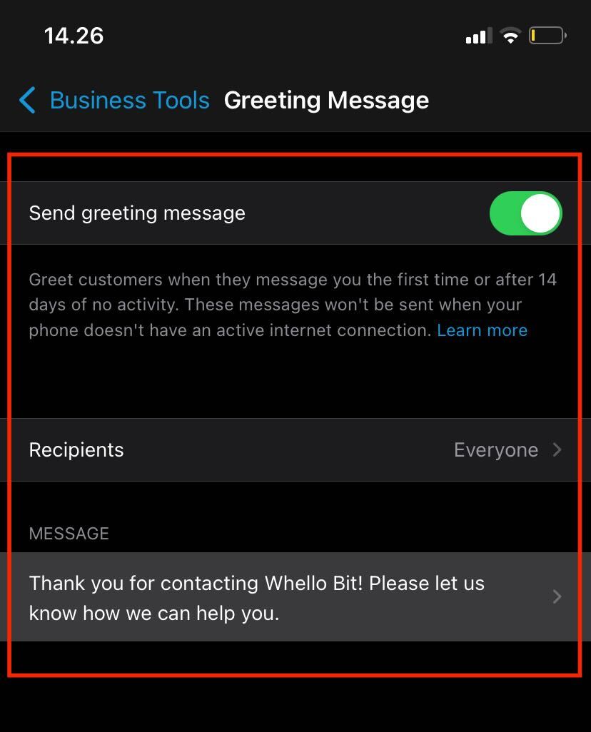 greeting message pada whats app business