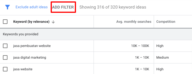 filter pada google keyword planner