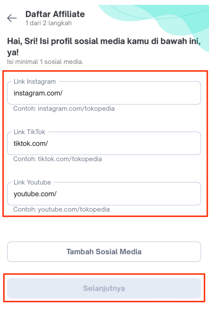 akun media sosial untuk Tokopedia Affiliate