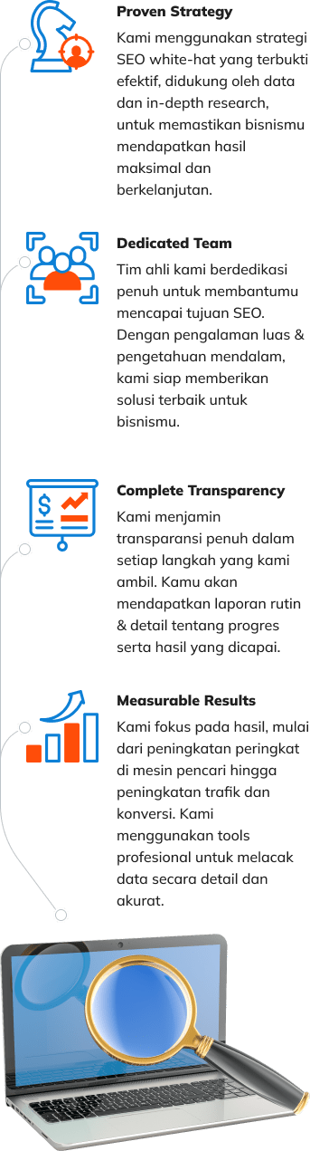 Jasa SEO Whello menawarkan proven strategy yang terbukti efektif dan didukung oleh data dan in-depth research untuk memastikan bisnismu mendapatkan hasil yang maksimal dan berkelanjutan, dedicated team yang berdedikasi dan berpengalaman untuk mencapai tujuan SEO dan memberikan solusi terbaik untuk bisnismu, menjamin transparansi penuh dalam setiap langkah yang Whello ambil dengan memberikan laporan rutin mengenai progres dan hasil yang dicapai, dan memberikan hasil yang terukur pada ranking hingga peningkatan trafik dan konversi.