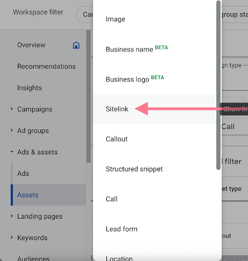 Pilih Sitelink google ads
