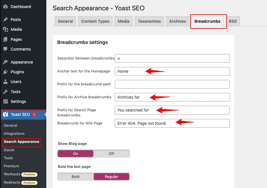 breadcrumbs YOAST SEO