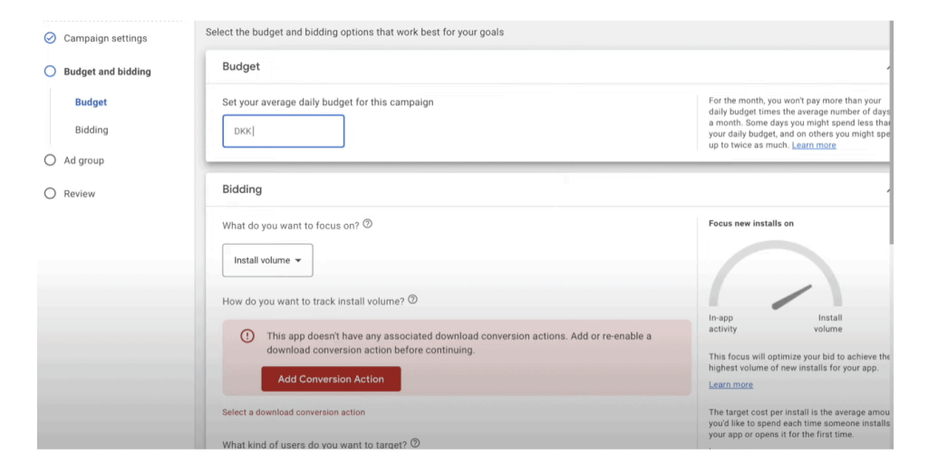 google app campaign budget and bidding